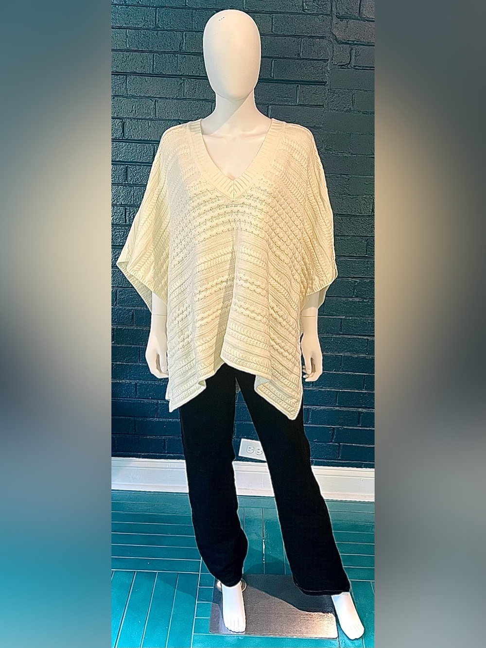 White V-Neck Women's Sweater Poncho
